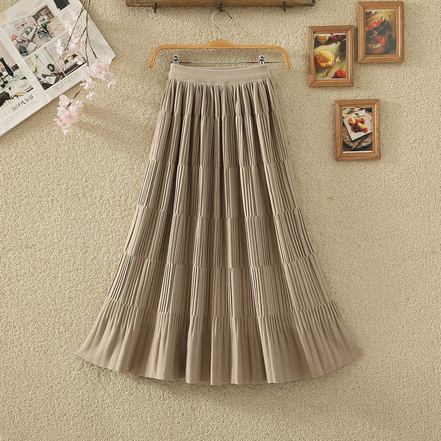 2024 autumn and winter new French retro age-reducing a-line large hem pleated cake skirt spliced ​​skirt long skirt for women