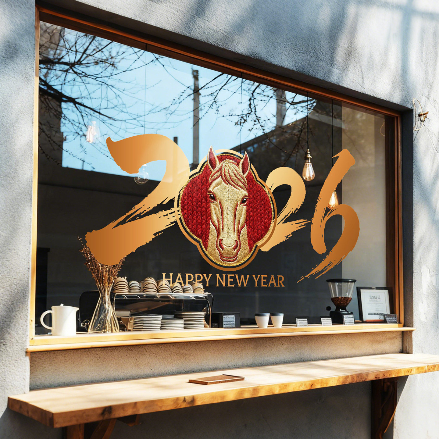 金色刺绣风格马头玻璃门贴马年别致剪纸窗花2026迎春男装店门头贴,淘宝优惠券,粉丝福利购,淘宝优惠卷