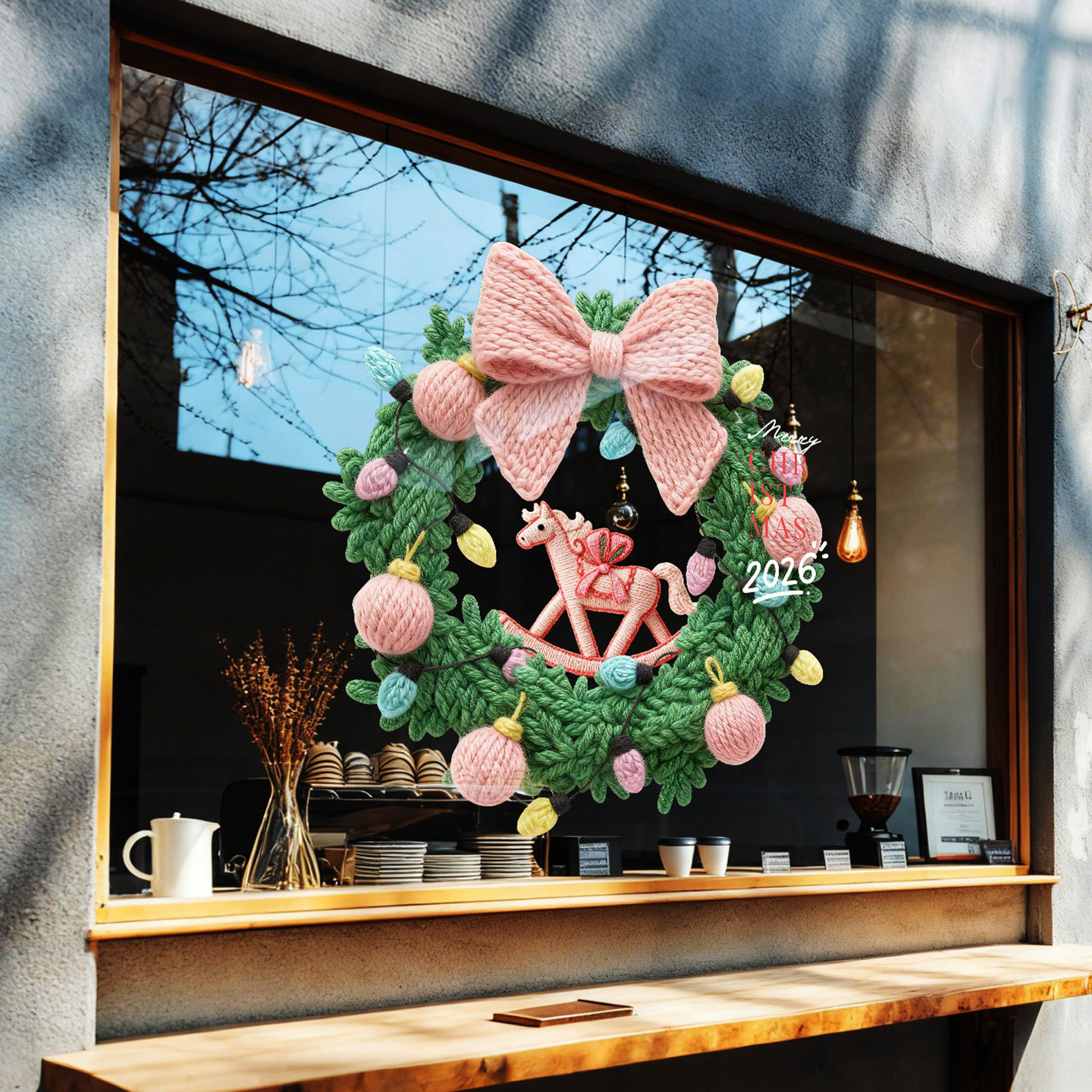 圣诞节装饰玻璃贴毛衣风格2026马年圣诞树花环咖啡店服装店布置贴,淘宝优惠券,粉丝福利购,淘宝优惠卷