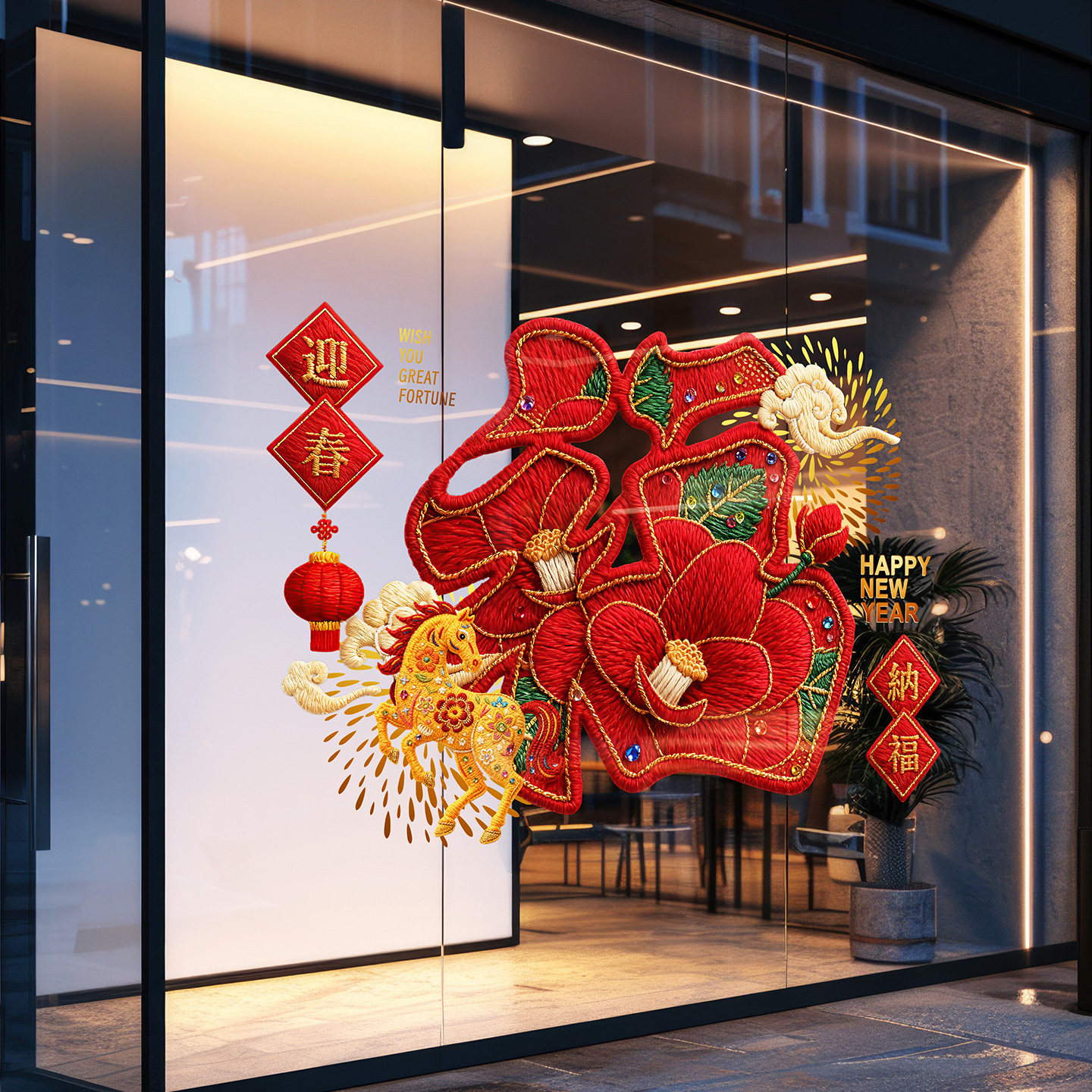 马年福字刺绣毛线风格珠宝金店女装店春节高级感氛围国潮牡丹窗花,淘宝优惠券,粉丝福利购,淘宝优惠卷