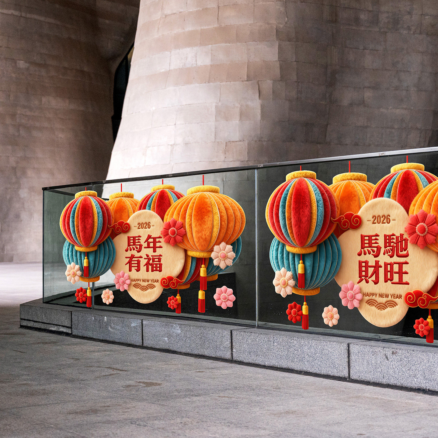 马年扶梯玻璃装饰灯笼静电贴商场护栏七彩毛绒展厅栏杆春节美陈贴,淘宝优惠券,粉丝福利购,淘宝优惠卷