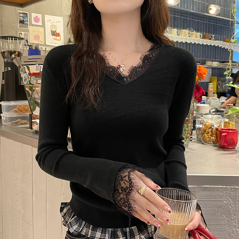 白色V领蕾丝打底衫女内搭2025秋冬新款法式薄款毛衣别致针织上衣,淘宝优惠券,粉丝福利购,淘宝优惠卷