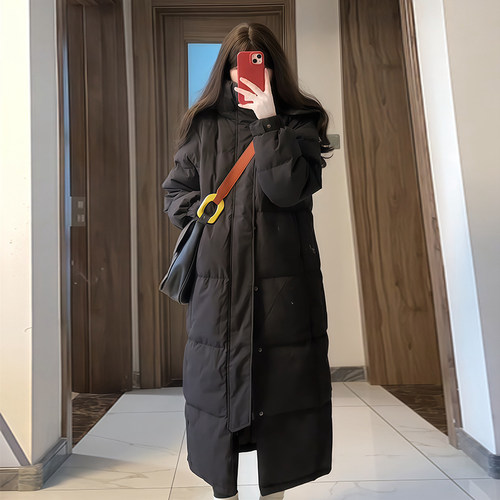 黑金长款中戏学生90白鸭绒羽绒服女冬季新款宽松显瘦保暖蓄热外套 - 图1