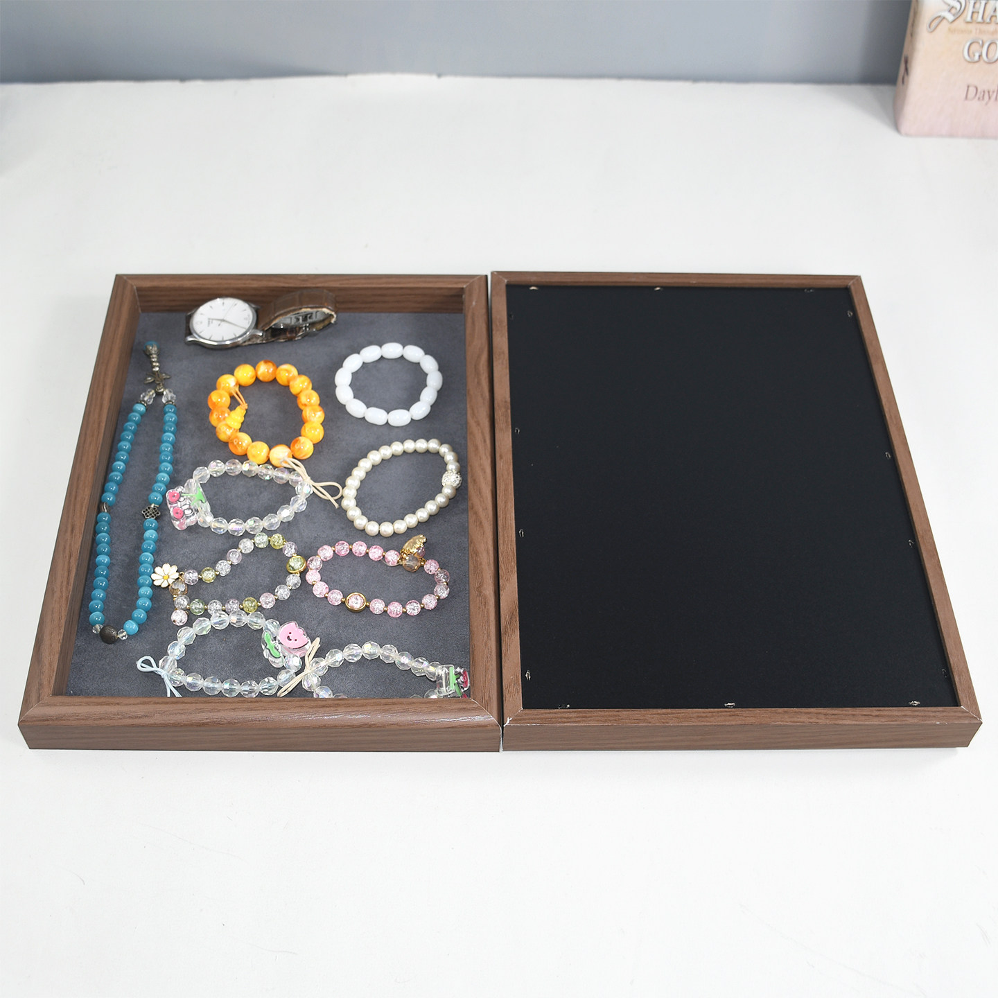 深胡桃戒指盒复古首饰盒实木耳钉耳环收纳托盘柜台饰品摆放展示盒 - 图1