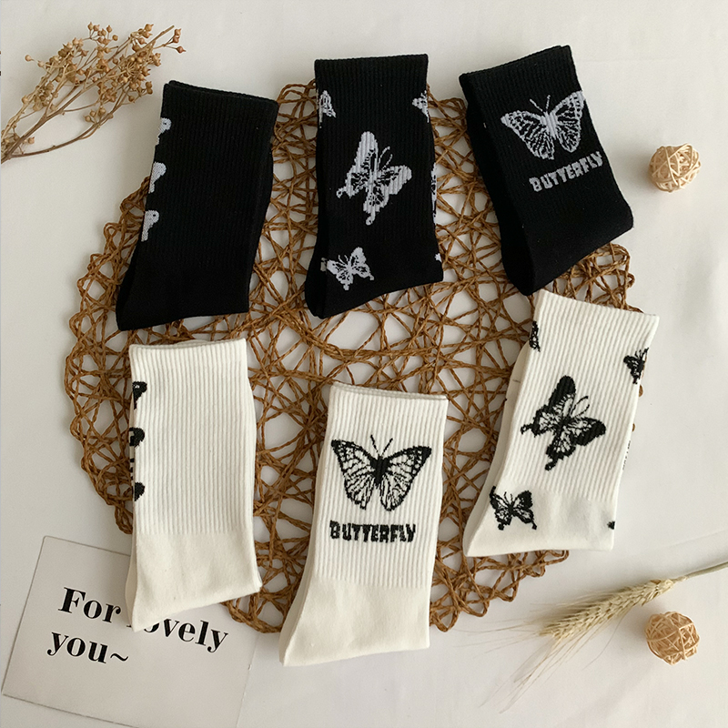 少女四季网红蝴蝶印花学院风堆堆袜 岂可短袜/打底袜/丝袜/美腿袜