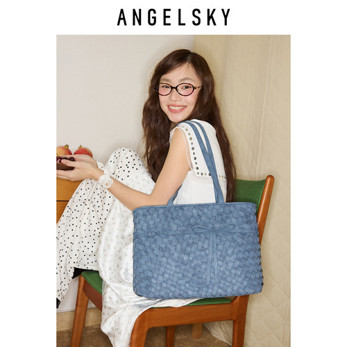 ANGELSKY原创设计编织包黑色通勤托特包大容量女单肩包新款小众 - 图3