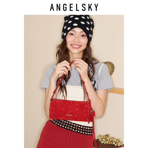 ANGELSKY原创设计手提包单肩棕色麂皮包腋下包流苏包包红色小号 - 图0