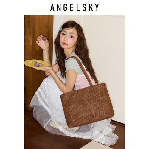 ANGELSKY原创设计编织包黑色通勤托特包大容量女单肩包新款小众 - 图1