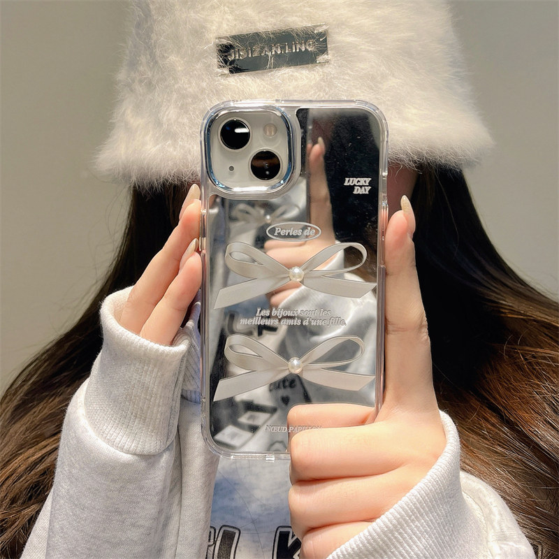 ins风简约蝴蝶结镜面适用苹果14手机壳镜子iphone15promax新款12女15防摔16pro小众11高级感硅胶13全包保护套,淘宝优惠券,粉丝福利购,淘宝优惠卷