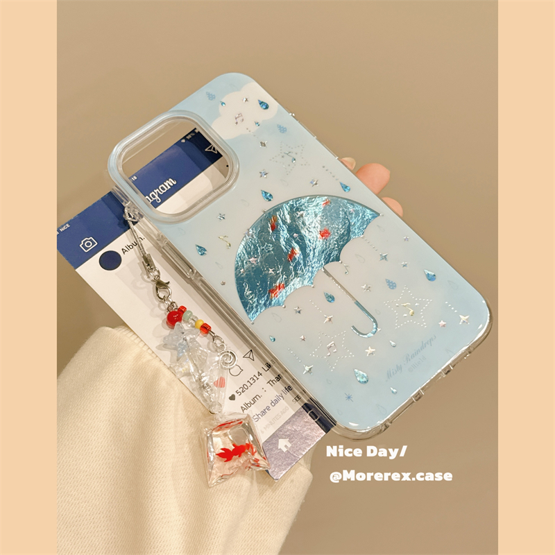 MoreRex ins小众设计清爽闪钻雨滴音符金鱼雨伞适用苹果15手机壳iphone16promax新款14女款13防摔保护套16pro - 图1