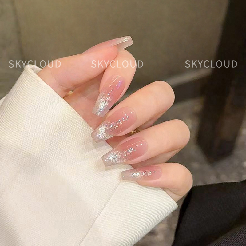 腮红渐变猫眼纯手工穿戴甲长款亮晶晶美甲成品2024新年款指甲贴片