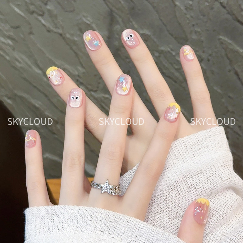 涂鸦手绘可爱手工穿戴甲猫眼短款星星波点美甲贴片假指甲2026新款,淘宝优惠券,粉丝福利购,淘宝优惠卷