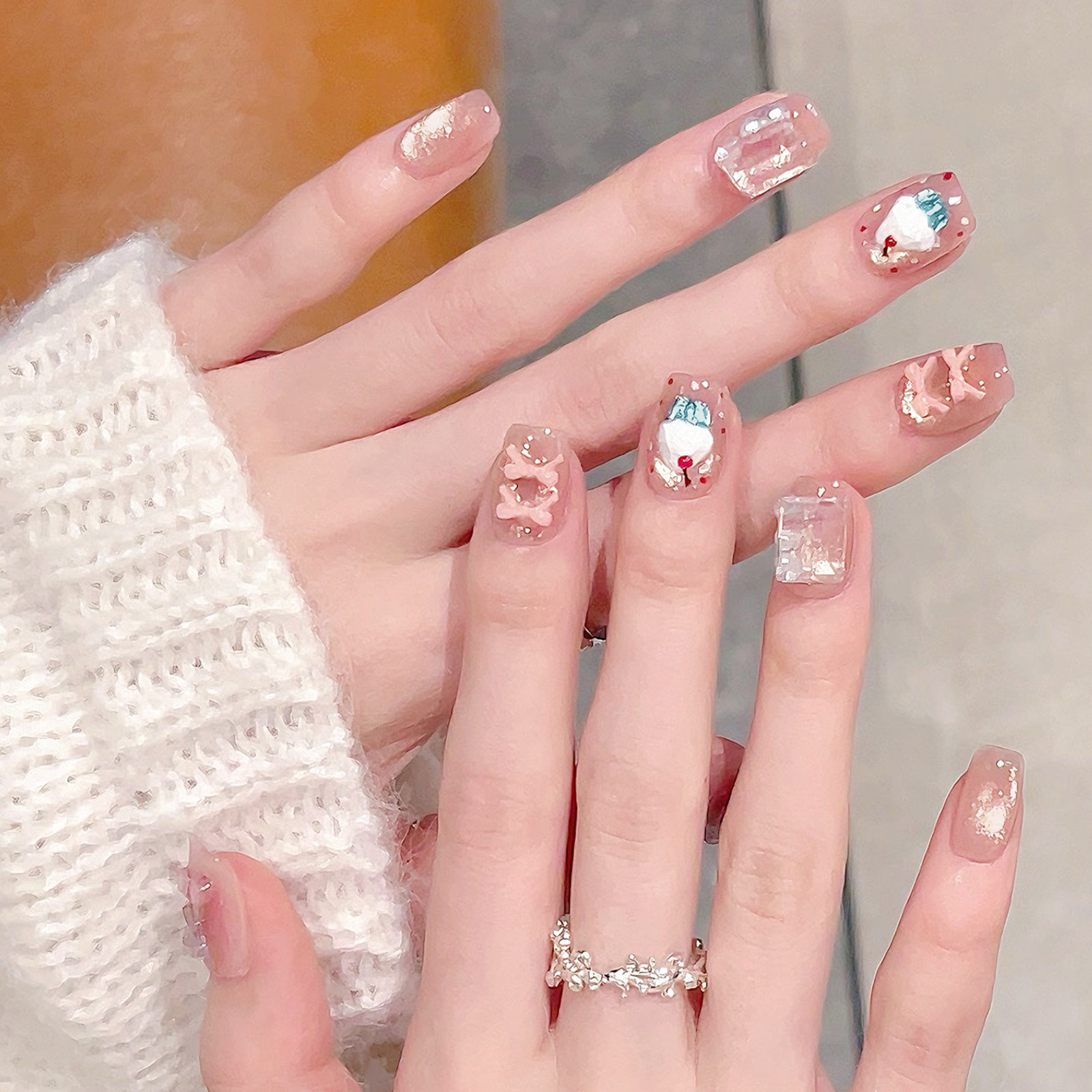 立体樱桃蛋糕短款手工穿戴甲甜美可爱裸色猫眼美甲成品假指甲贴片,淘宝优惠券,粉丝福利购,淘宝优惠卷