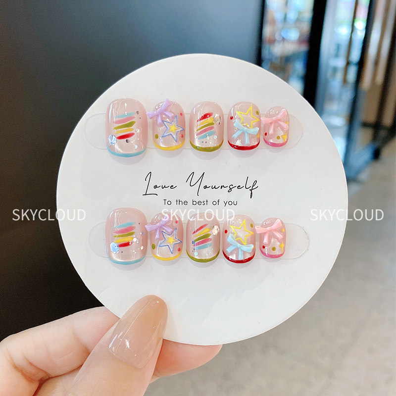 多巴胺彩虹手工穿戴甲2025新款甜美可爱法式美甲成品短款指甲贴片,淘宝优惠券,粉丝福利购,淘宝优惠卷