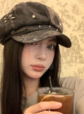 韩系复古水洗铆钉贝雷帽女春秋季小众百搭八角帽大头围显脸小帽子