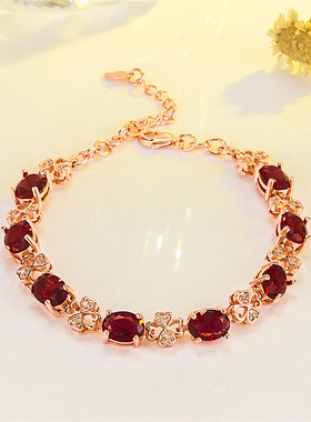 热卖四叶草红碧玺红宝石手链 时尚气质镀玫瑰金奢华钻石手链