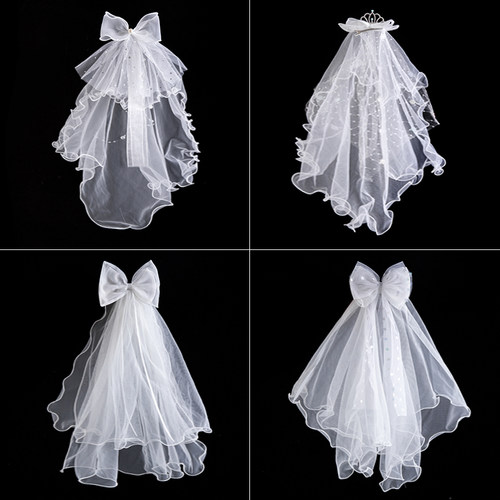 儿童头纱蝴蝶结公主裙头发卡头饰小女孩生日皇冠女童冰雪发夹发饰 - 图1