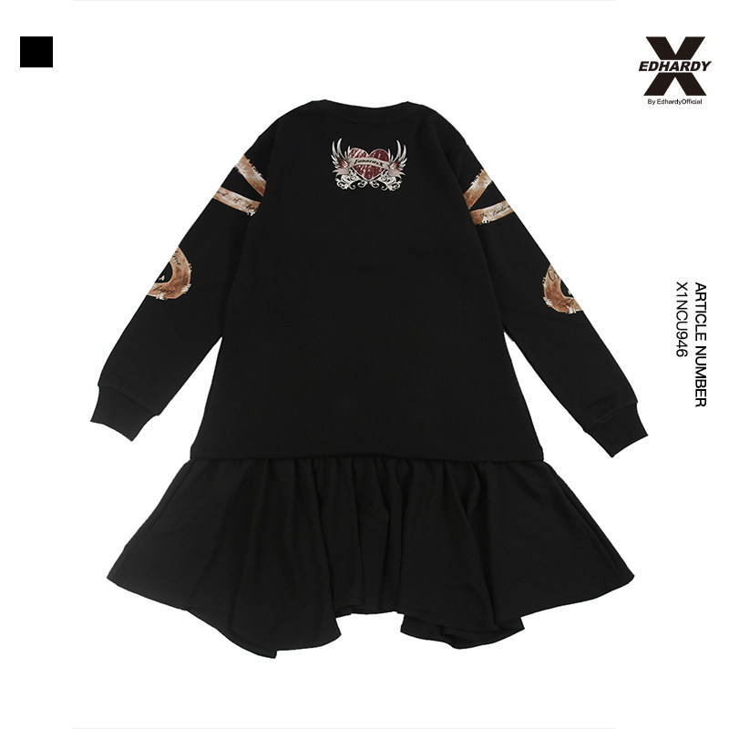 EdHardyX春秋潮牌时尚小鹿烫钻印花宽松圆领卫衣连衣裙女士同上衣
