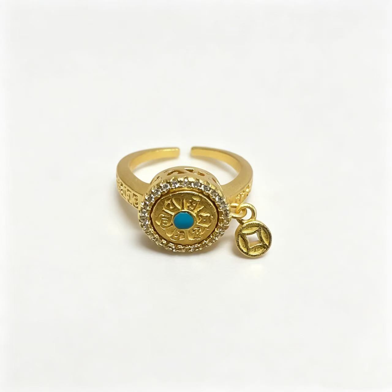 National fashion copper silver-plated handmade jewelry, versatile light luxury gold glue Tibetan mantra rotating ring ring gift