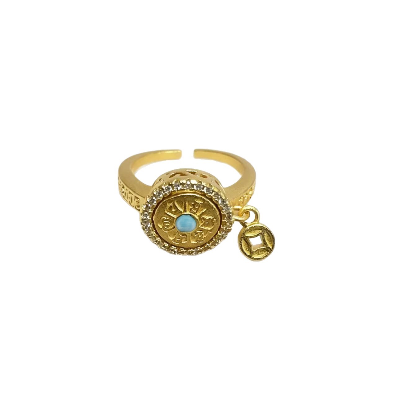 National fashion copper silver-plated handmade jewelry, versatile light luxury gold glue Tibetan mantra rotating ring ring gift
