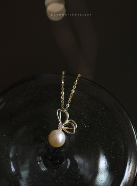 飞舞~S925纯银镀14K金项链吊坠女 珍珠双层蝴蝶气质简约优雅挂坠