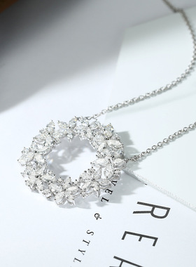 欧美高端市场白金月桂花环钻石吊坠 唯美满钻女款天然真钻项链