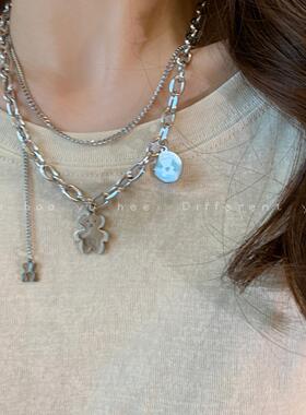 双层小熊项链女ins小众设计感