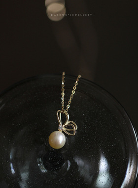 飞舞~S925纯银镀14K金项链吊坠女 珍珠双层蝴蝶气质简约优雅挂坠