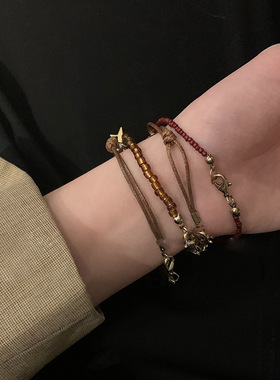咖色系复古编织绳串珠手链女春夏2024新款手饰民族风套装手串