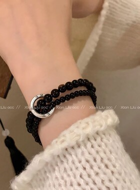 新中式黑色天然石串珠手链女小众设计民族风双层叠带圆环情侣手串