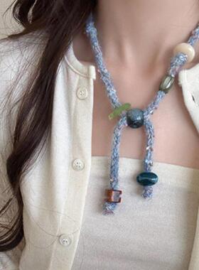 秋冬高级感针织毛线串珠抽拉项链