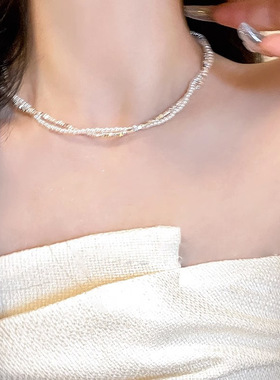 双层碎银子珍珠缠绕项链女小众复古个性简约百搭气质颈链锁骨链