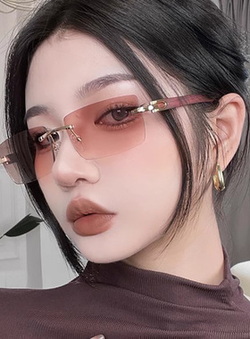 日系cherrykoko复古方形无框太阳镜女士木纹腿文艺风墨镜素颜