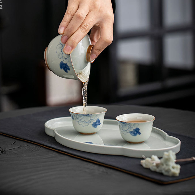 茶艺手绘陶瓷草木灰功夫茶具整家用二才盖碗茶盘茶杯小套茶具泡茶-图0