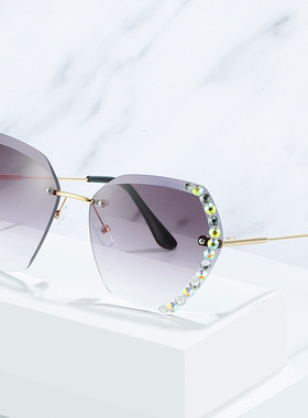 日系cherrykoko新款潮流无框太阳镜 镶钻多边形墨镜女个性海洋片