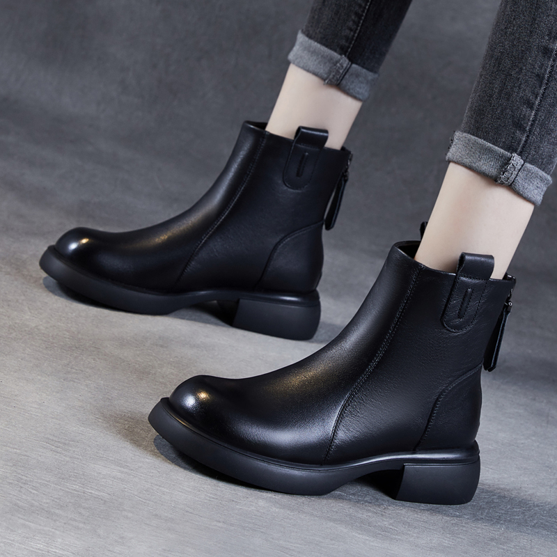 真皮切尔西靴女秋冬新款牛皮英伦风短靴黑色马丁靴软底软皮瘦瘦靴 - 图1