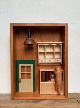 木质木雕猫咪小夜灯微缩场景小屋店内装饰桌面创意礼品实木制摆件