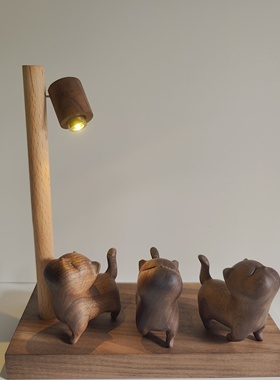 猫咪元素实木路灯傲娇木作工艺品礼品桌面床头小夜灯礼物木质摆件