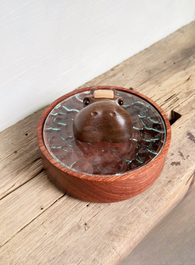 河马泡澡木质收纳盒家居饰品装饰创意礼品可爱奶油原木风木质摆件