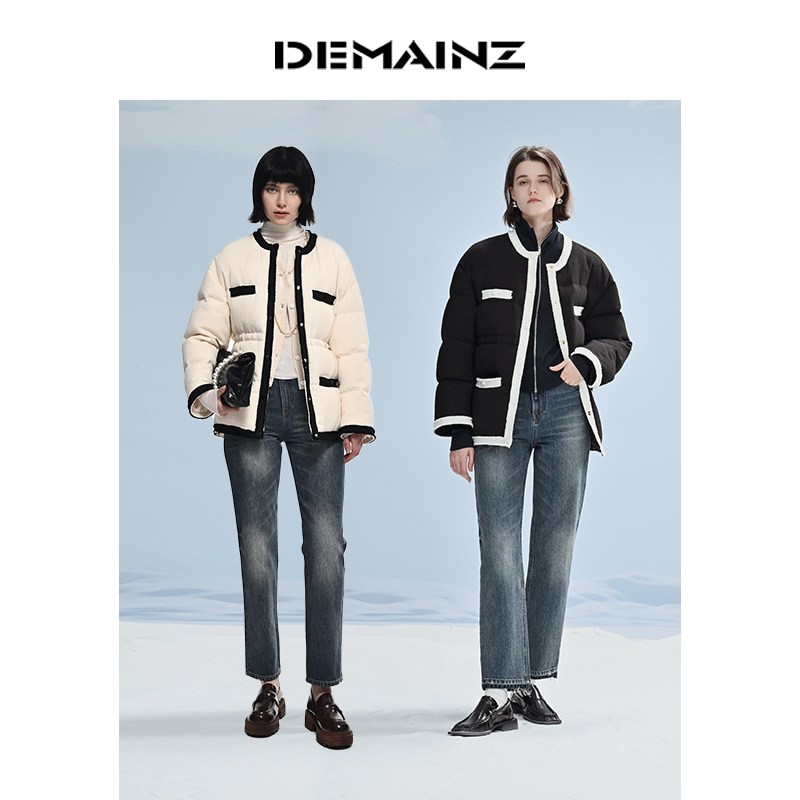 DEMAINZ地缦鹅绒羽绒服女秋冬高品短款撞色粗花呢小香风外套