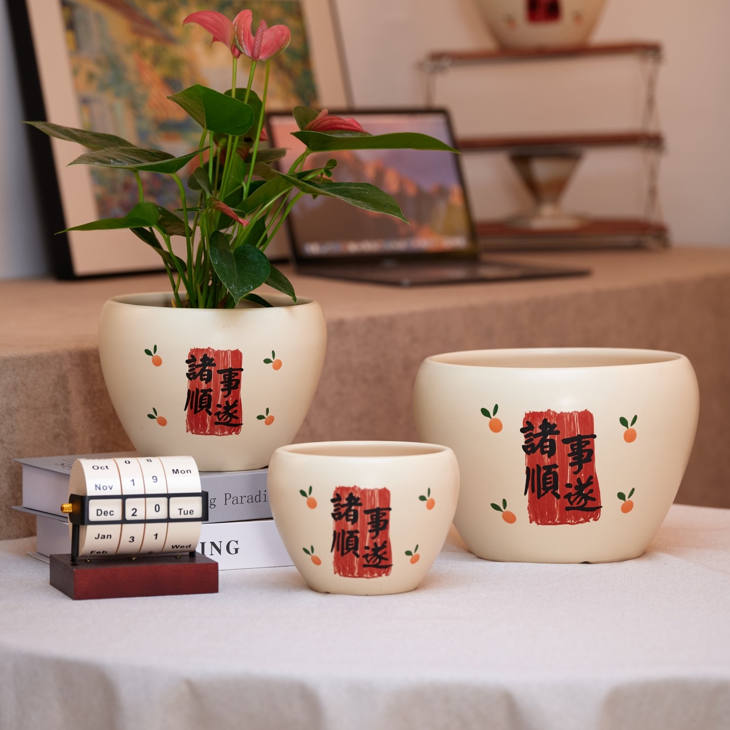 花盆陶瓷简约创意新款喜庆节日客厅桌面蝴蝶兰发财树盆栽送托盘,淘宝优惠券,粉丝福利购,淘宝优惠卷