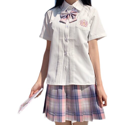 LF原创设计小桜熊JK制服学院风校供短袖风琴褶刺绣奶白色衬衫日系 - 图3