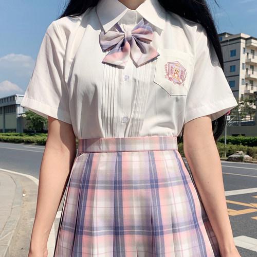 LF原创设计小桜熊JK制服学院风校供短袖风琴褶刺绣奶白色衬衫日系 - 图0