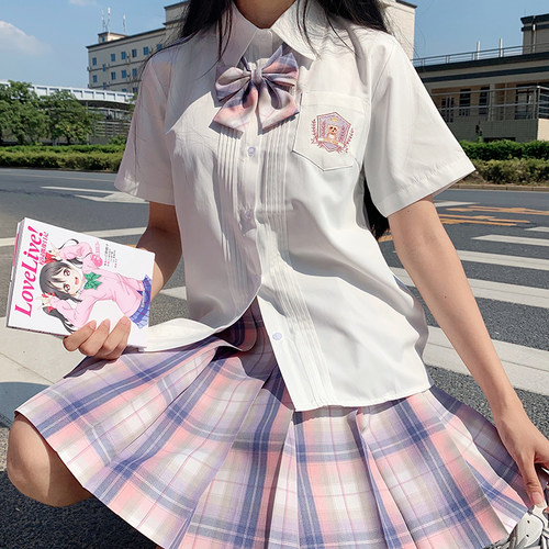 LF原创设计小桜熊JK制服学院风校供短袖风琴褶刺绣奶白色衬衫日系 - 图1