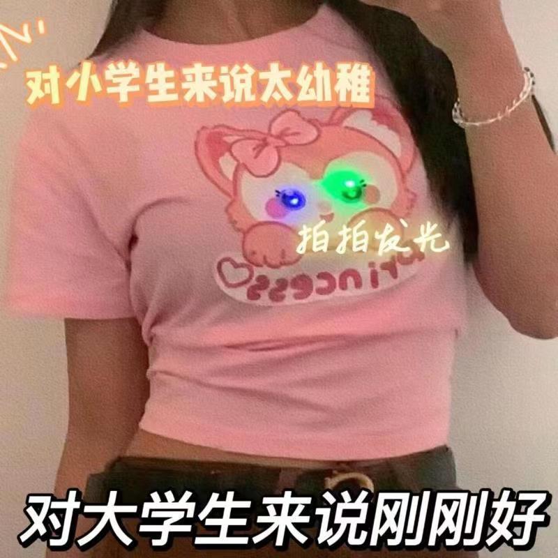 亮灯琳娜贝尔女童发光短袖t恤儿童8岁女孩洋气纯棉上衣玲娜贝儿夏-图1