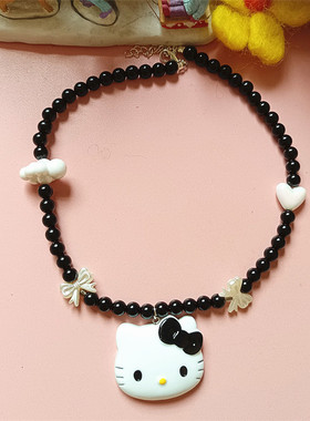 kitty猫咪熊猫黑色串珠甜酷项链