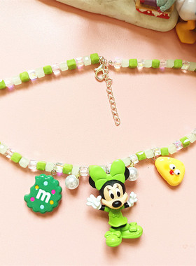 手作绿色水晶串珠米老鼠米妮项链