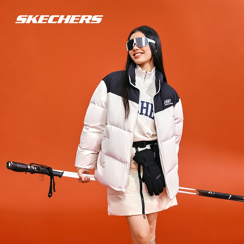 Skechers斯凯奇羽绒服冬季撞色男女同款潮流百搭立领短款保暖外套