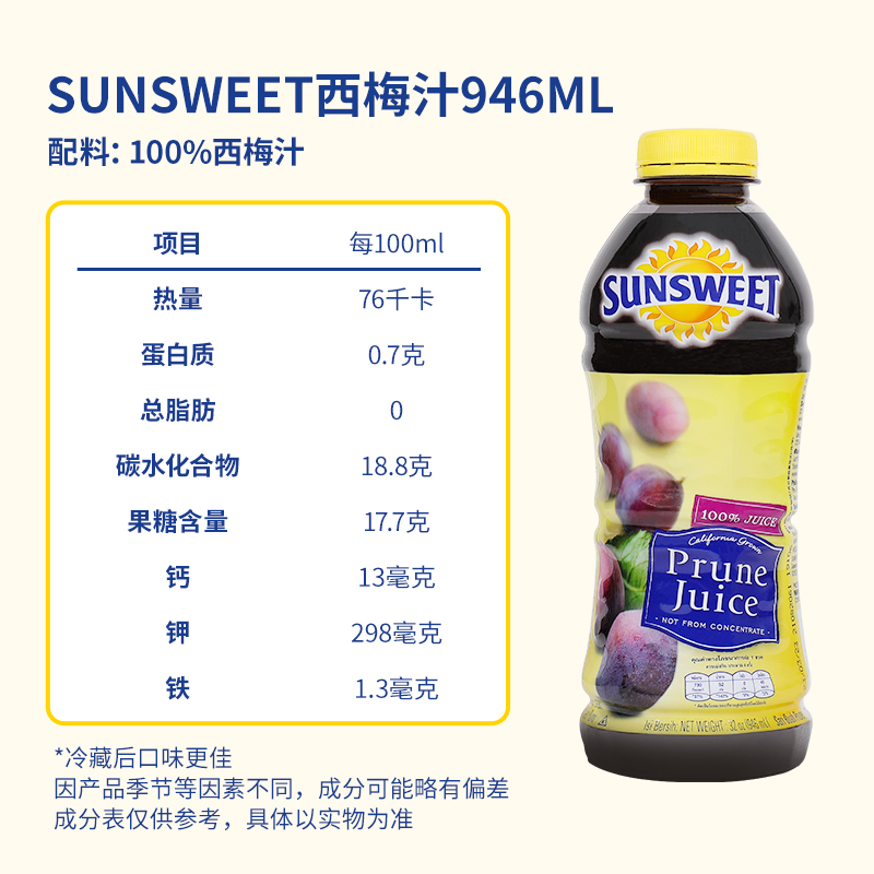 Sunsweet日光牌美国NFC西梅汁排便孕妇非浓缩果汁无糖精饮料946ml-图3