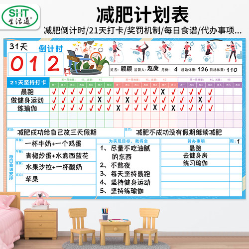 生活通减肥计划表拖延症监督瘦身表健康辅食21天运动月打卡自律神器100天成人体重健身记录表孩子自律表墙贴 - 图2